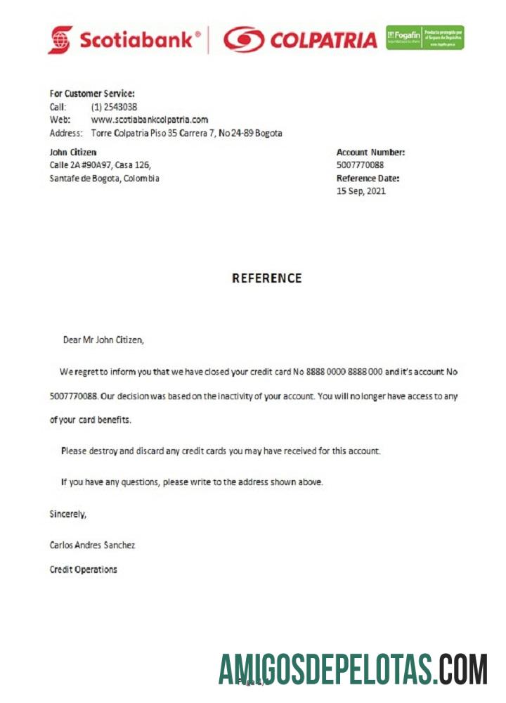 Referência de fechamento do Scotiabank Colpatria da Colômbia exemplo real